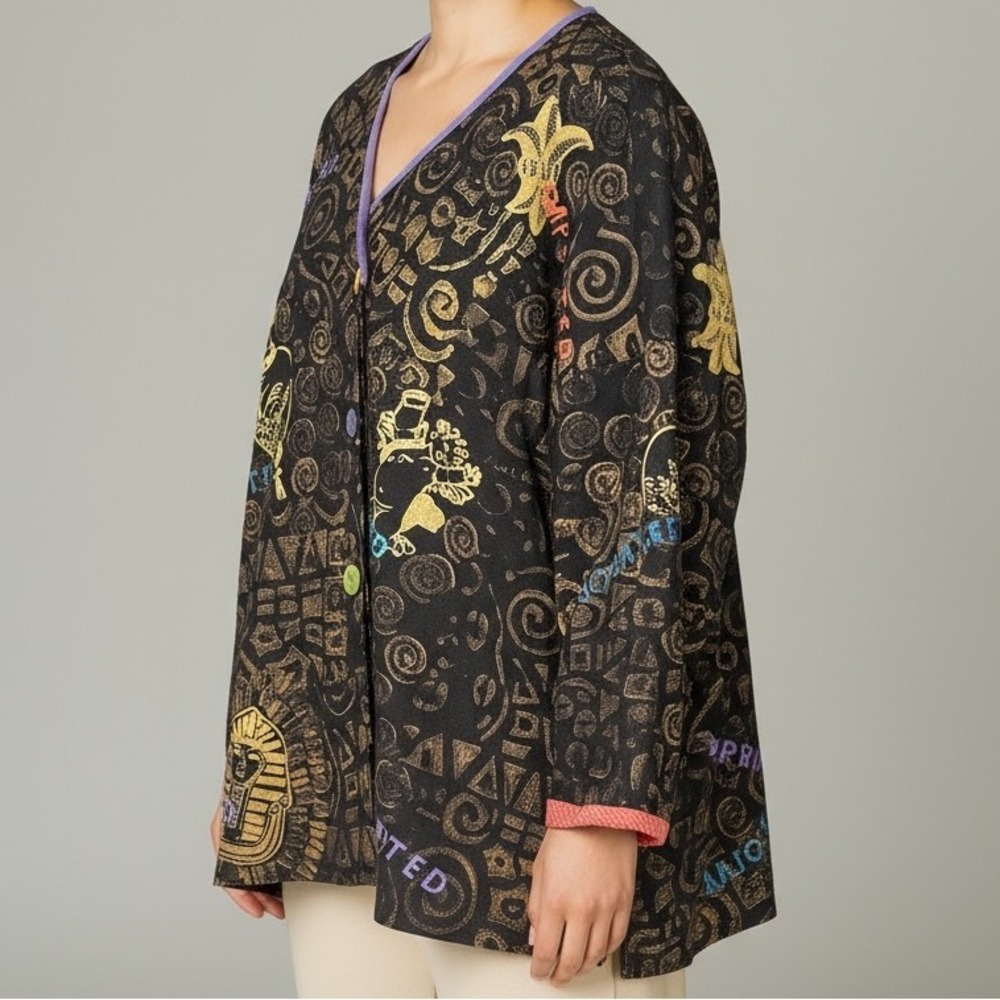 Staley Gretzinger VTG Egyptian Print Art Jacket Black Gold Tencel S/M